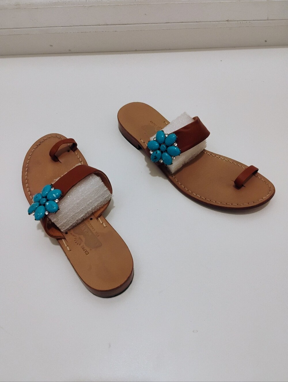 Canfora Capri Women's Heeled Sandals With Torquoise Cubic Zirconia Stones 9.5-10